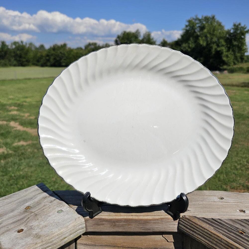Vintage Homer Laughlin Sheffield Platter, Bone White Swirl, Gold Trim